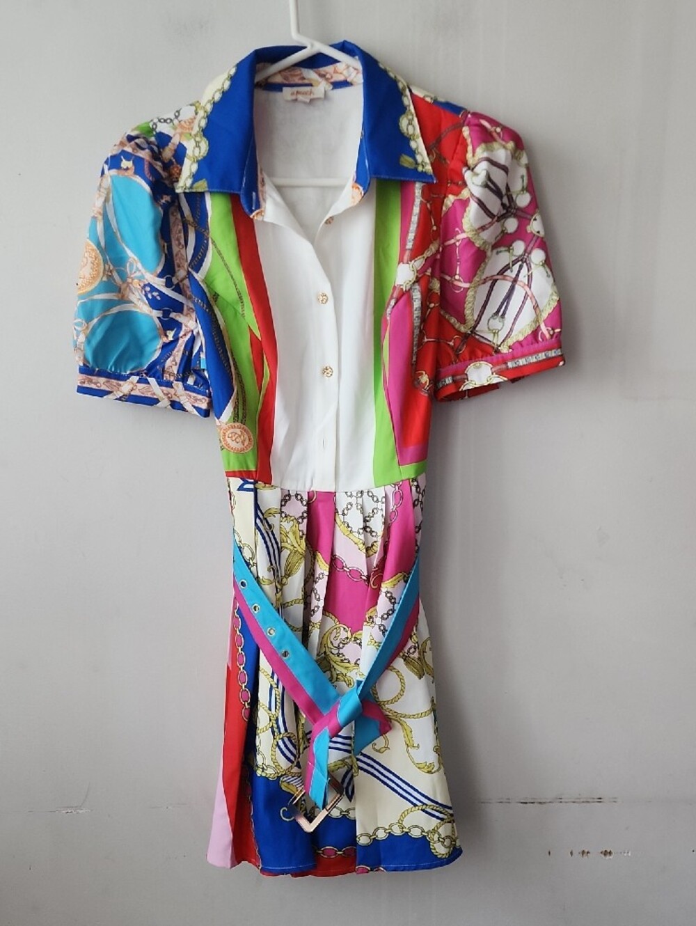 Colorblock Chain-Print Midi Dress with Belt. New Without Tag - Picture 4 of 12